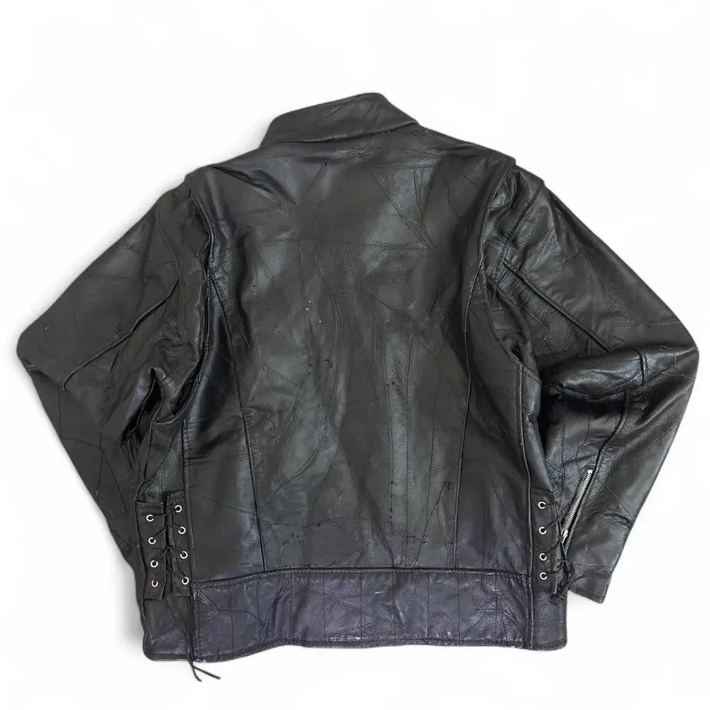 Diamond Plate Buffalo Leather Motorcycle Jacket Men’s L Black Biker Distressed